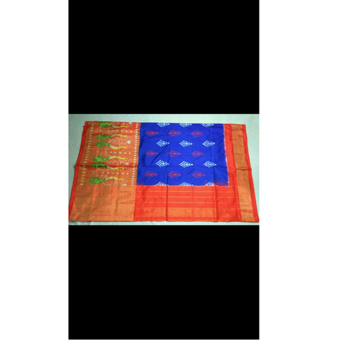 Pochampally Ikkat Silk Blue Color Saree With Orange Color Border