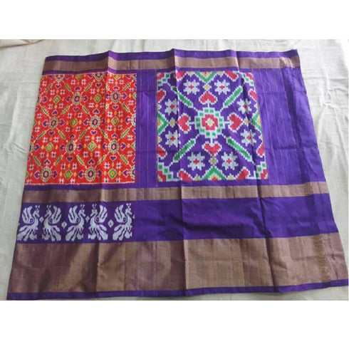 Pochampally Ikkat Silk Orange Color Saree With Violet Color Border