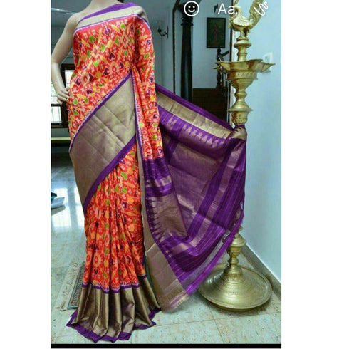 Pochampally Ikkat Silk Orange Color Saree With Purple Color Border T2