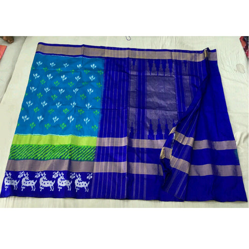 Pochampally Ikkat Silk Sky Blue Color Saree With Blue Color Border
