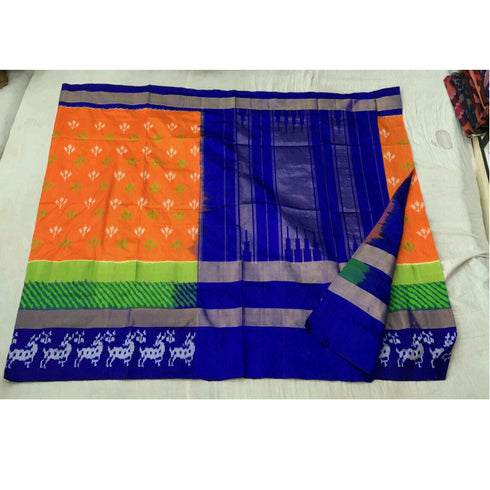 Pochampally Ikkat Silk Orange Color Saree With Blue Color Border T1