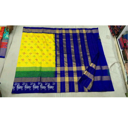 Pochampally Ikkat Silk Yellow Color Saree With Blue Color Border