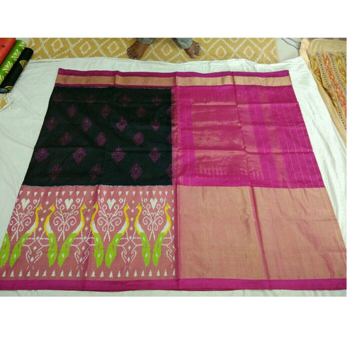 Pochampally Ikkat Silk Black Color Saree With Pink Color Border