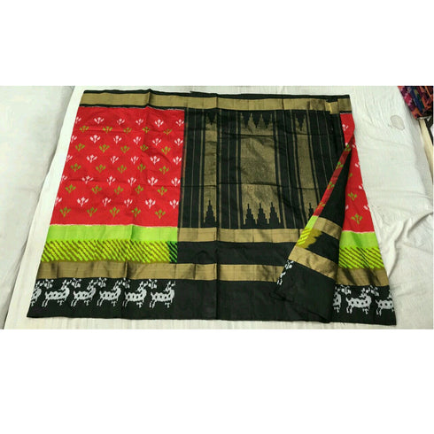 Pochampally Ikkat Silk Red Color Saree With Black Color Border