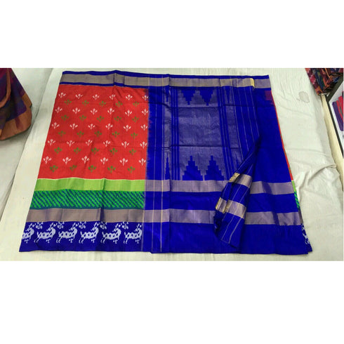 Pochampally Ikkat Silk Orange Color Saree With Multi Color Border T1