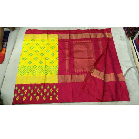 Pochampally Ikkat Silk Yellow Color Saree With Maroon Color Border