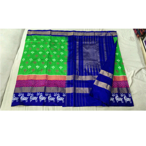 Pochampally Ikkat Silk Parrot Green Color Saree With Dark Blue Color Border