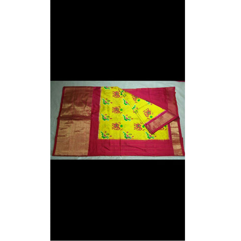 Pochampally Ikkatsilk Yellow Color Saree With Pink Color Border
