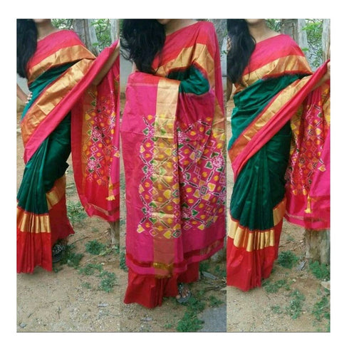 Pochampally Ikkat Silk Green Color Saree With Pink Border