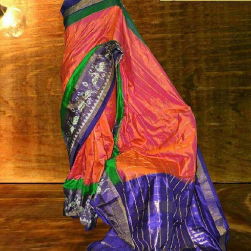 Pochampally Ikkat Silk Orange Color Saree With Violet Color Border