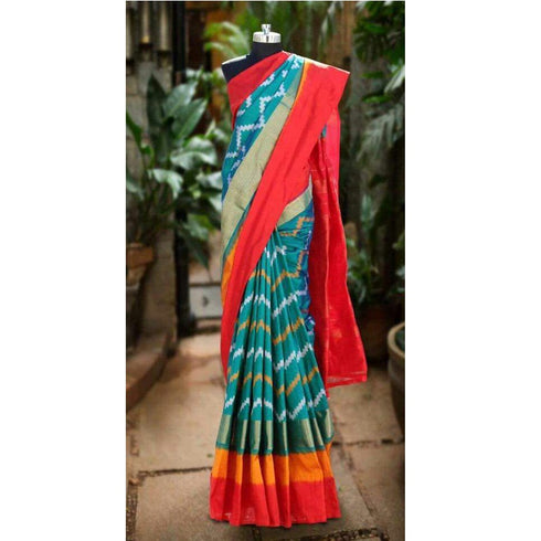 Pochampally Ikkat Silk Green Color Saree With Red Color Border