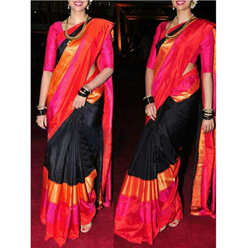 Pochampally Ikkat Silk Black Color Saree With Pink Color Border