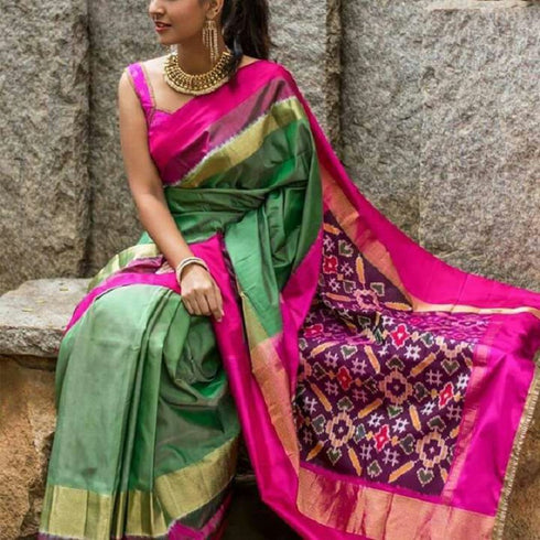 Pochampally Ikkat Silk Light Green Color Saree With Pink Color Border