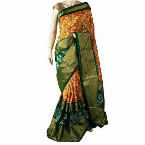 Pochampally Ikkat Silk Yellow Saree With Green Color Border
