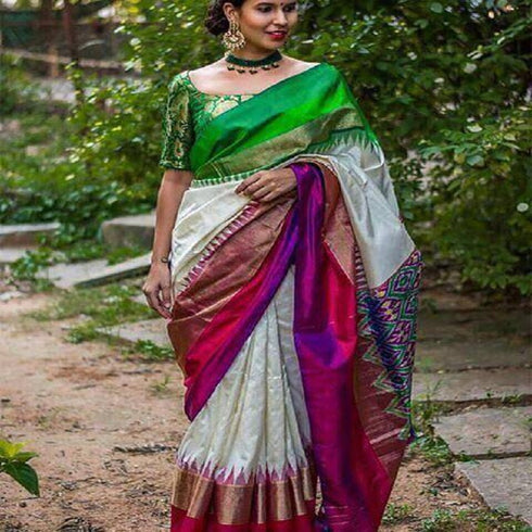 Pochampally Ikkat Silk White Color Saree With Pink And Green Color Border