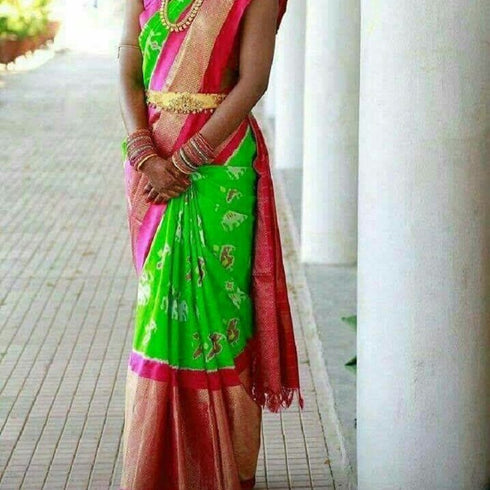 Pochampally Ikkat Silk Green Saree With Pink Color Border