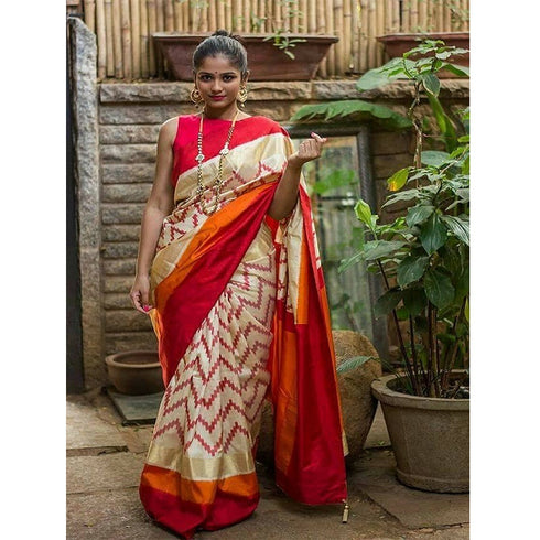 Pochampally Ikkat Silk White Color Saree With Pink And Yellow Color Border