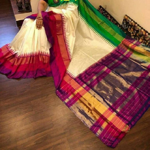 Pochampally Ikkat Silk Half White Color Saree With Pink And Green Color Border