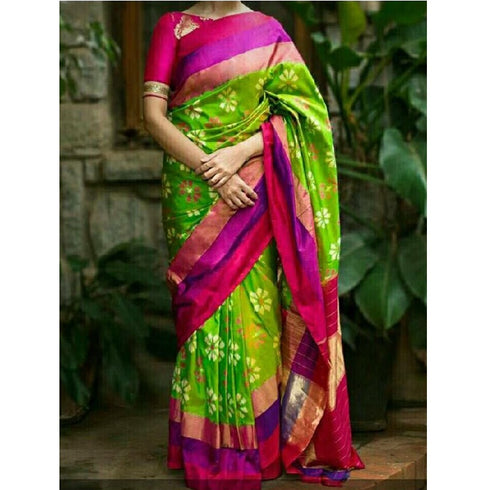 Pochampally Ikkat Silk Green Color Saree With Pink Color Border