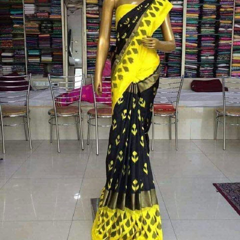 Pochampally Ikkat Silk Black Color Saree With Yellow Color Border