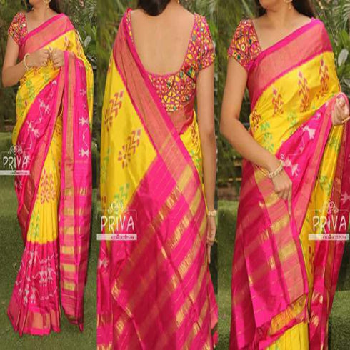Pochampally Ikkat Silk Yellow Color Saree Pink Color Border