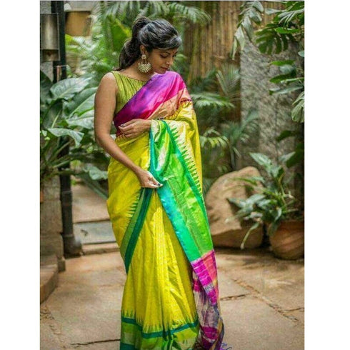 Pochampally Ikkat Silk Yellow Color Saree With Green Color Border