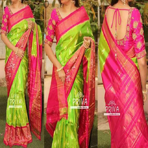 Pochampally Ikkat Silk Parrot Green Color Saree With Pink Color Border