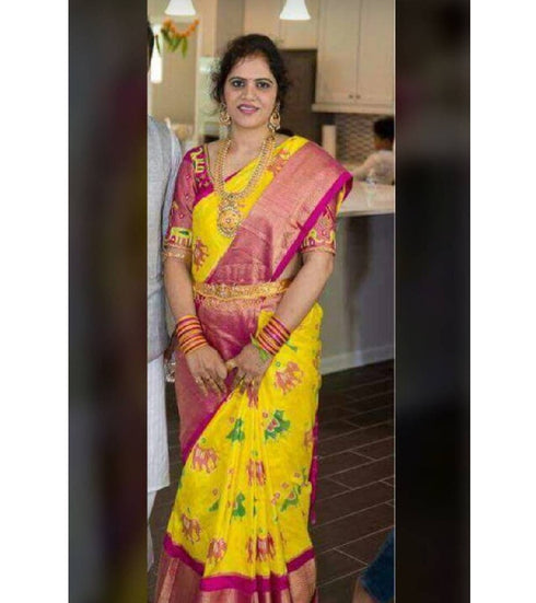 Pochampally Ikkat Silk Yellow Color Saree With Pink Color Border