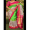 Pochampally Ikkat Silk Parrot Green Color Saree With Pink And White Color Border