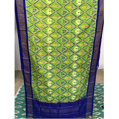 Pochampally Parrot Green Color With Blue Border Dupatta