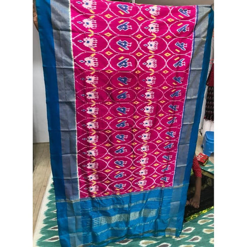 Pochampally Pink Color Dupatta With Light Blue Border