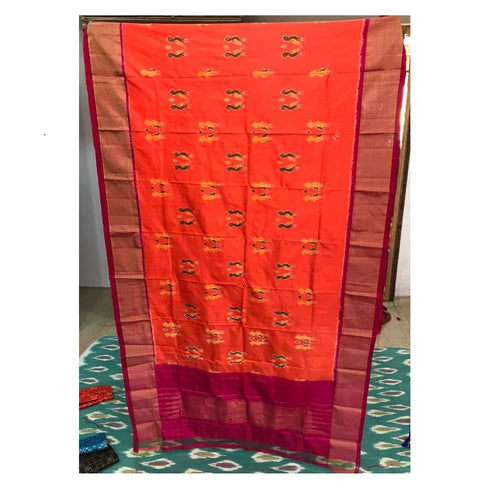 Pochampally Orange Color With Dark Pink Border Dupatta