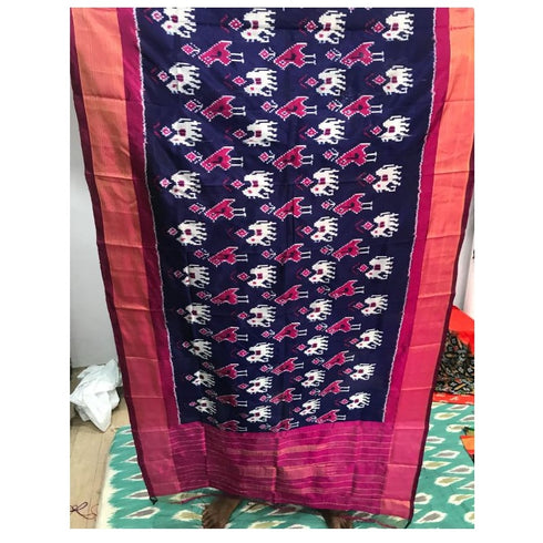 Pochampally Dark Blue Color With Pink Border Dupatta