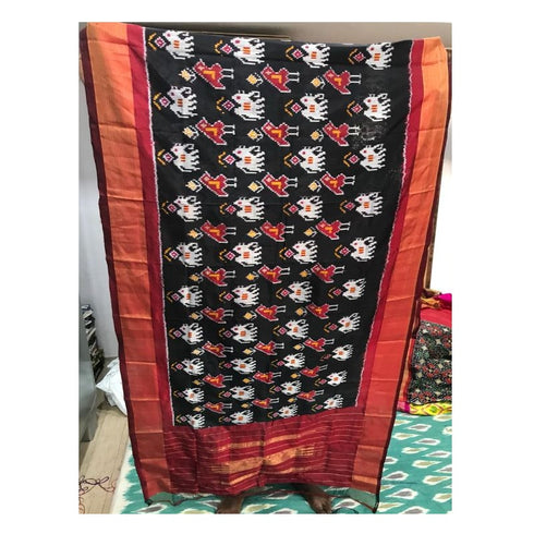 Pochampally Black, and Red Elephant Design Dupatta