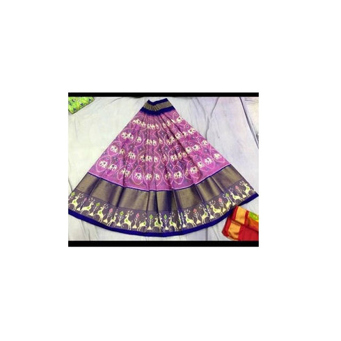 Pochampally Ikkat Light Pink Lehenga With Dark Blue Border