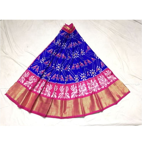 Pochampally Ikkat Dark Blue Lehenga With Pink Colorborder