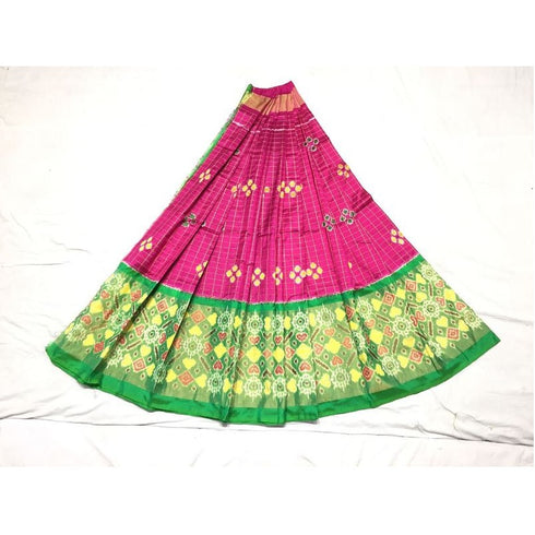 Pochampally Ikkat Dark Pink Lehenga With Green Color Border