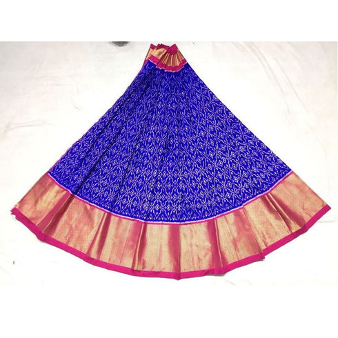Pochampally Ikkat Blue Lehenga With Pink Color Border