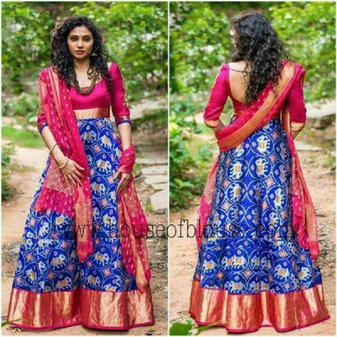Pochampally Ikkat Dark Blue Lehenga With Dark Pink Color Border