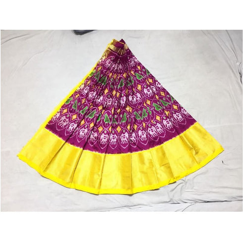 Pochampally Ikkat Dark Pink Lehenga With Yellow Border