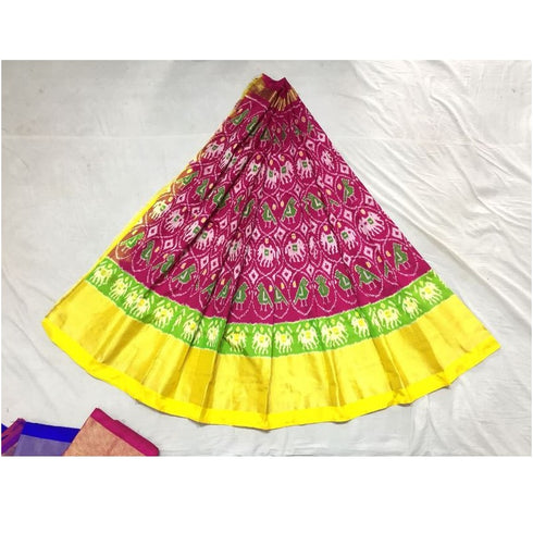 Pochampally Ikkat Dark Pink Lehenga With Yellow & Green Border