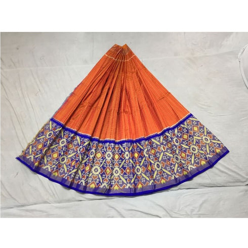 Pochampally Ikkat Light Orange Lehenga With Blue Color Design Border