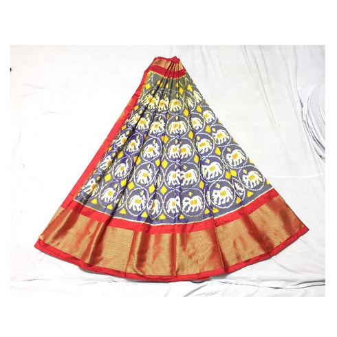 Pochampally Ikkat Ash Color Lehenga With Maroon Color Border