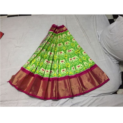 Pochampally Ikkat Parrot Green Lehenga With Dark Pink Border