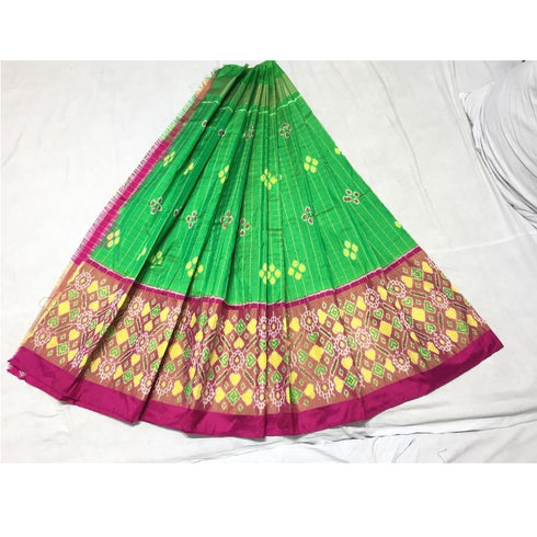 Pochampally Ikkat Green Lehenga With Pink Border