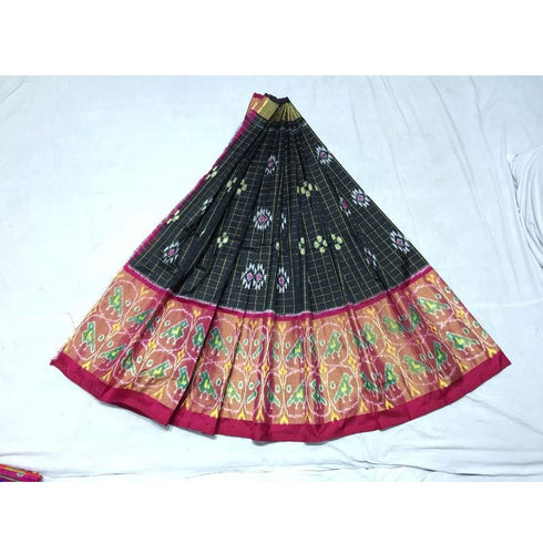Pochampally Ikkat Black Lehenga With Pink Color Border