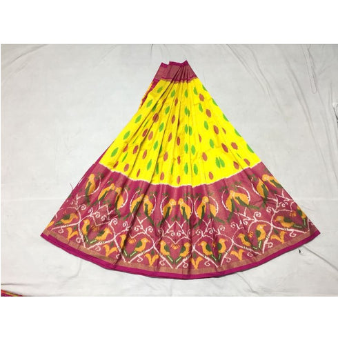 Pochampally Ikkat Yellow Lehenga And Pink Border