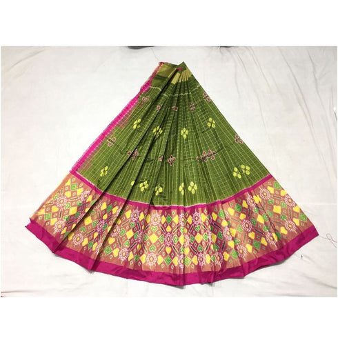 Pochampally Ikkat Green Lehenga With Pink Color Border