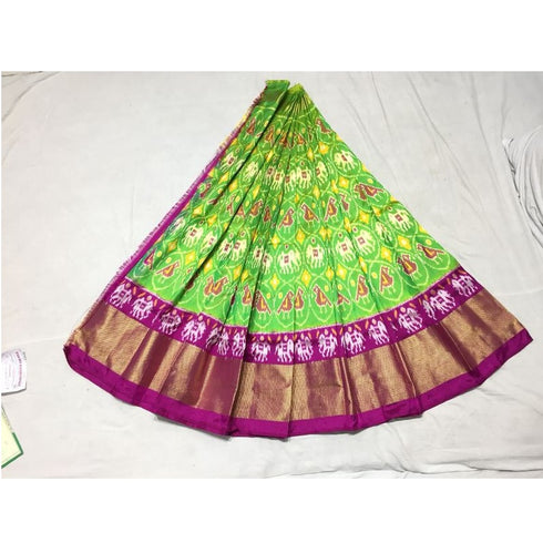 Pochampally Ikkat Parrot Green With Elephant & Parrots Design Lehenga