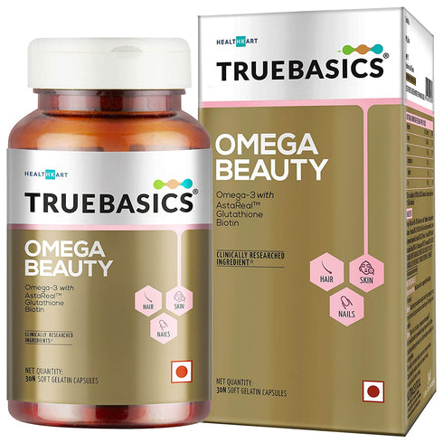 TrueBasics Omega Beauty Advanced Formula with Omega-3 Fish Oil Astaxanthin Biotin and Glutathione Enhanced with Amino Acids Blend and Complete RDA of All Vitamins 30 Softgel Capsules